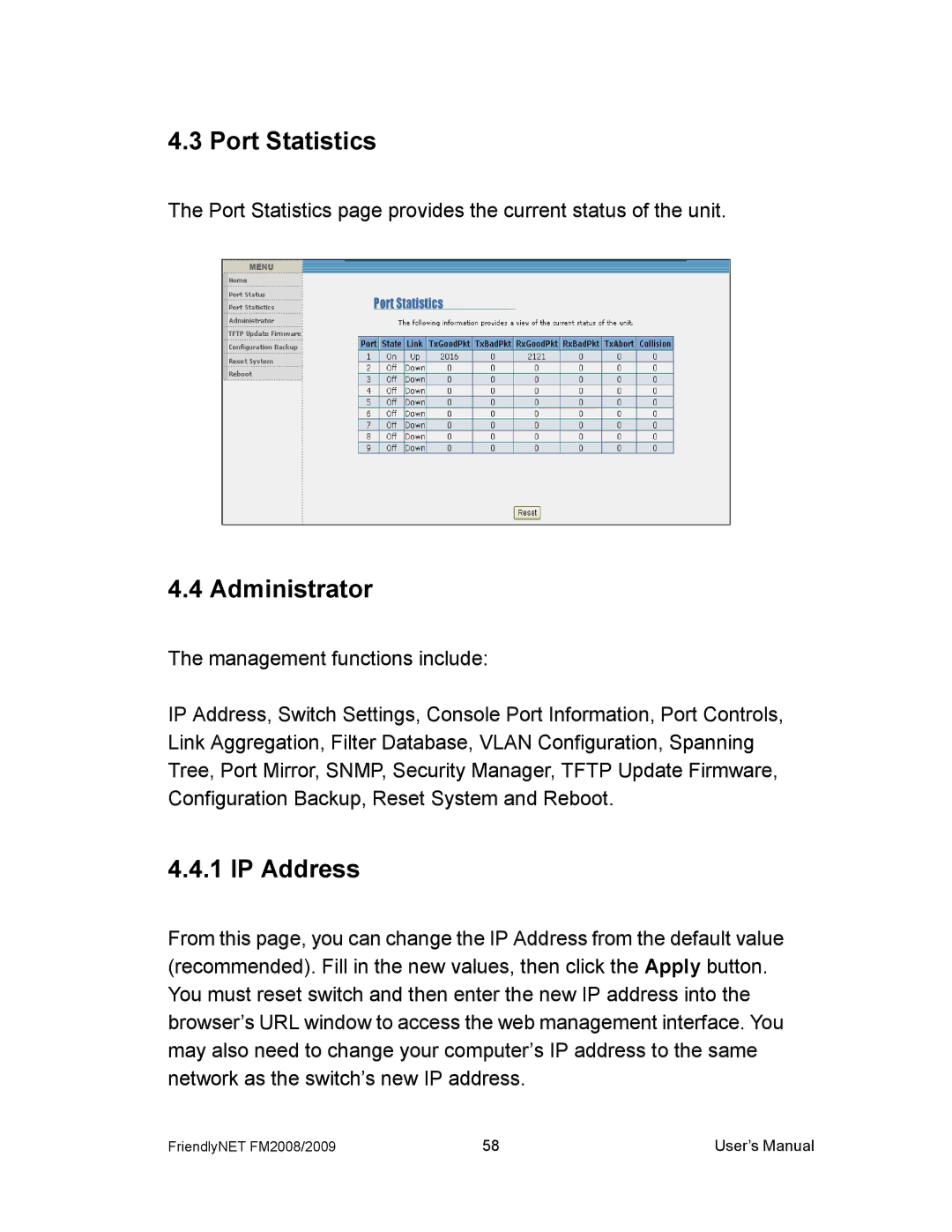 Asante Technologies FM2008/2009 user manual Port Statistics, Administrator, IP Address 