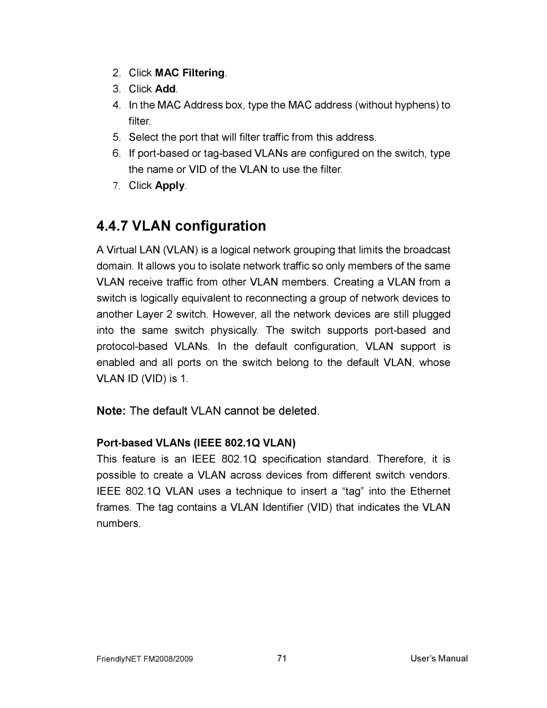 Asante Technologies FM2008/2009 user manual Vlan configuration, Click MAC Filtering 