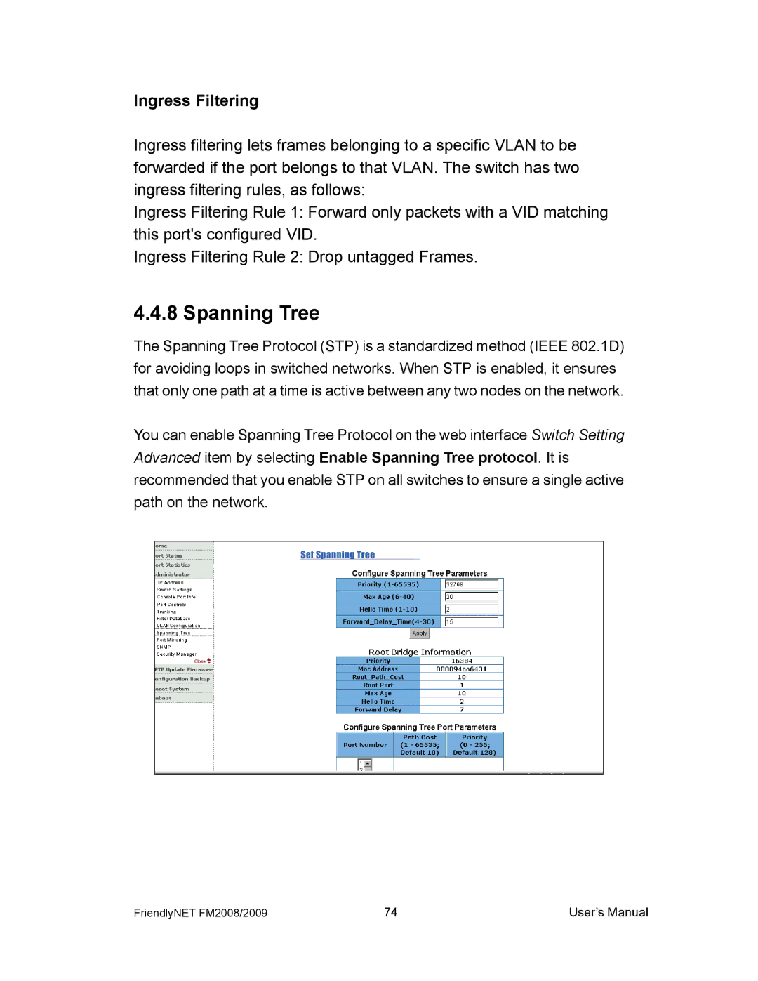 Asante Technologies FM2008/2009 user manual Spanning Tree, Ingress Filtering 