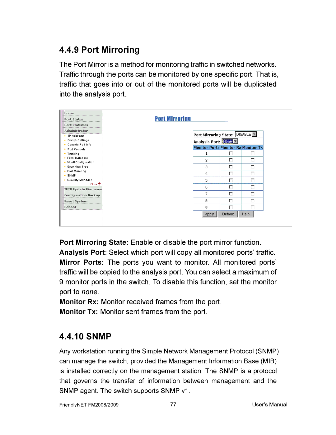 Asante Technologies FM2008/2009 user manual Port Mirroring, Snmp 