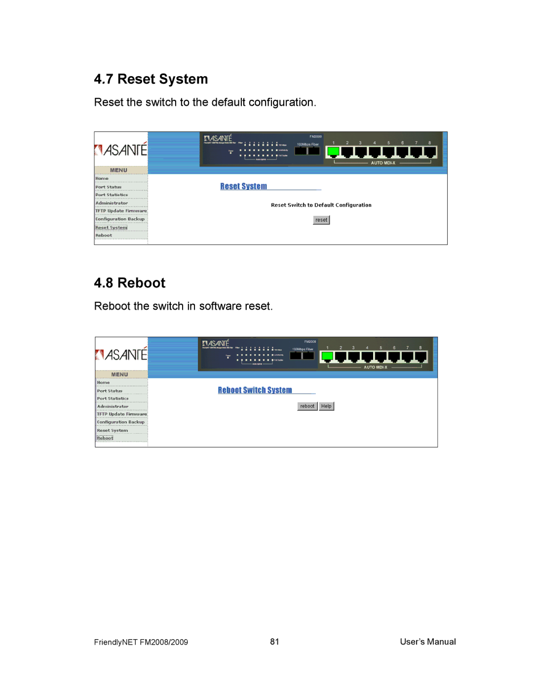 Asante Technologies FM2008/2009 user manual Reset System, Reboot 