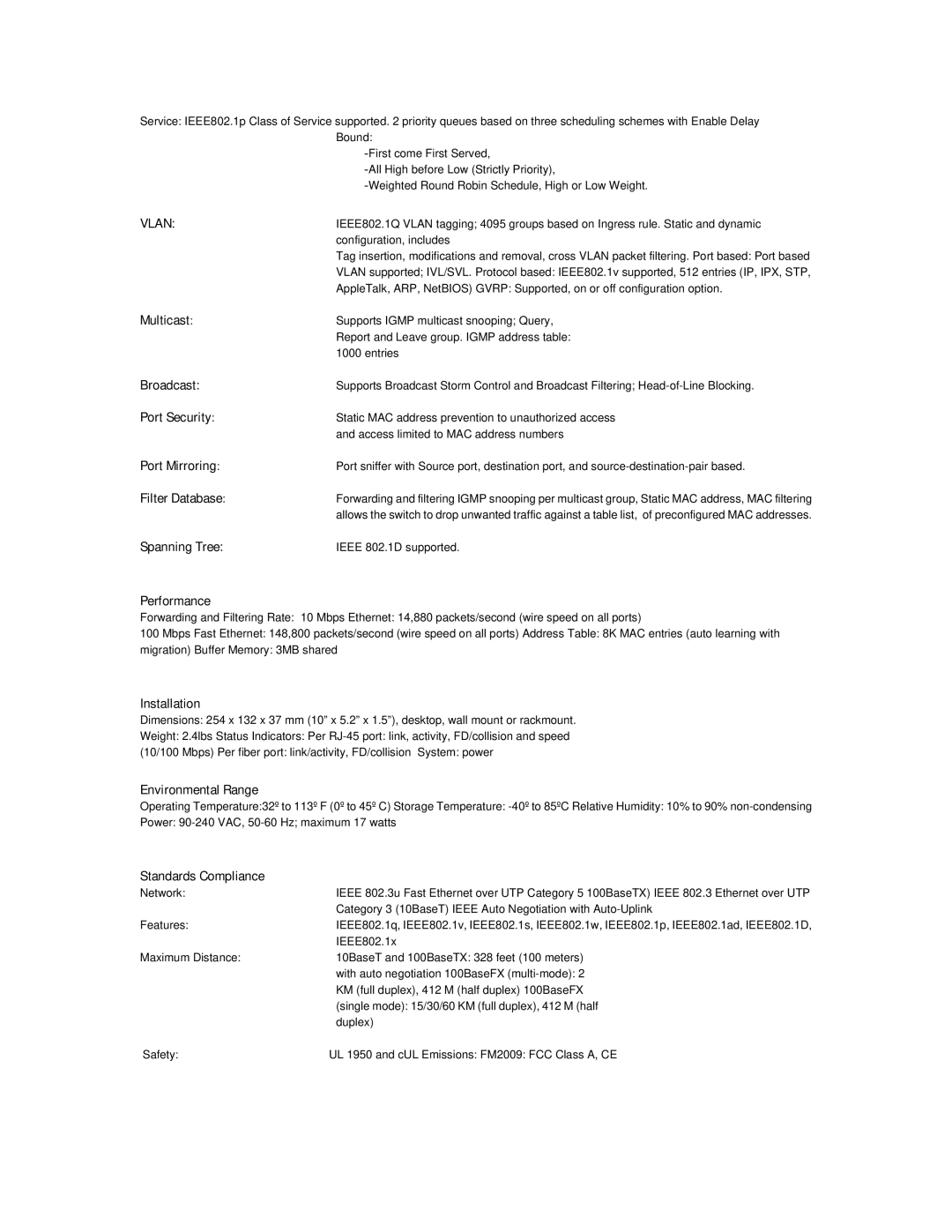 Asante Technologies FM2008/9 manual Multicast, Broadcast, Port Security, Port Mirroring, Filter Database, Spanning Tree 