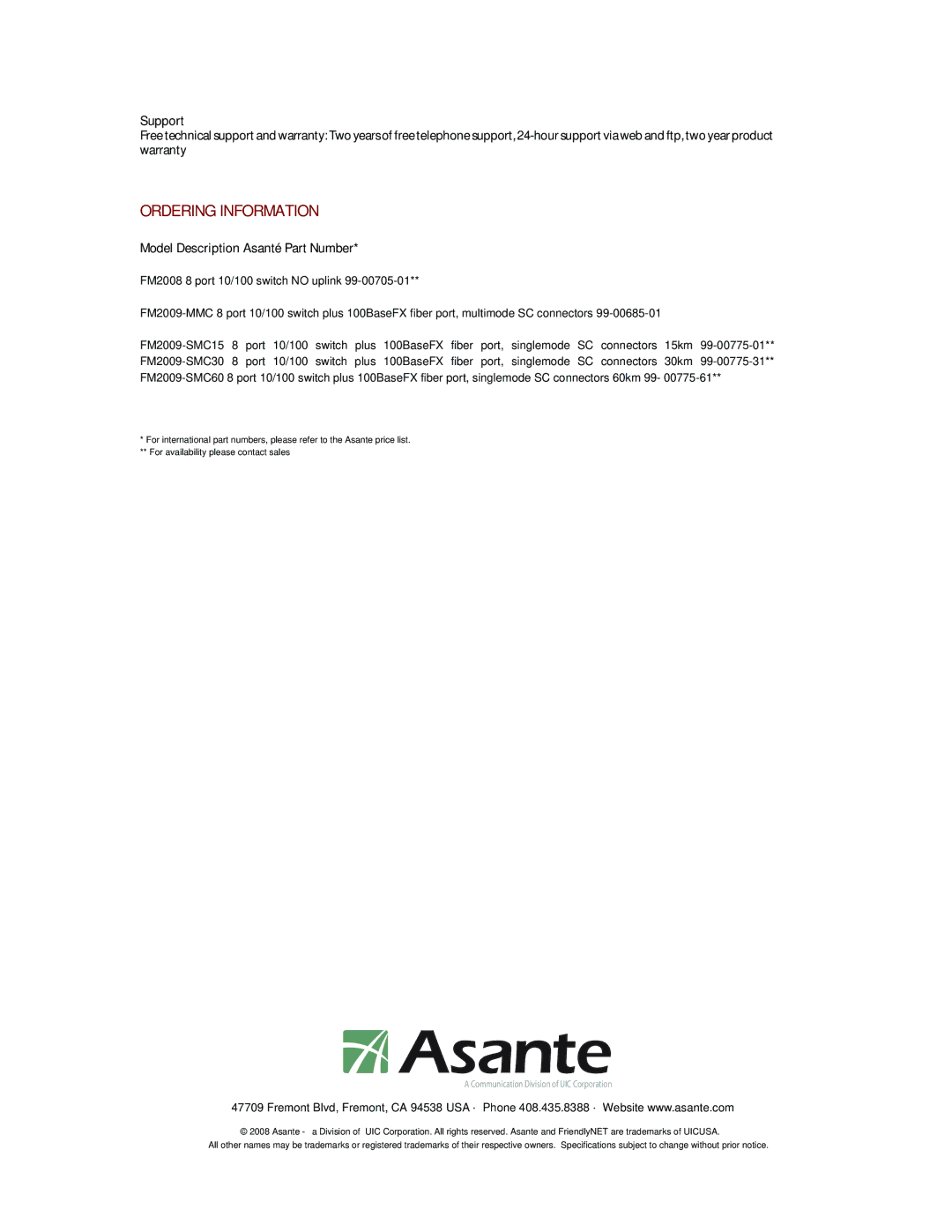 Asante Technologies FM2008/9 manual Ordering Information, Support, Model Description Asanté Part Number 