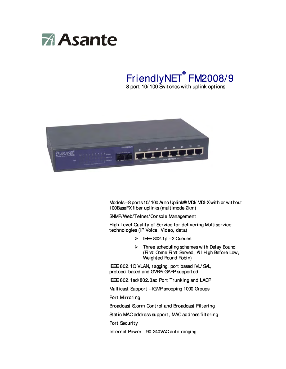 Asante Technologies manual FriendlyNET FM2008/9, port 10/100 Switches with uplink options 