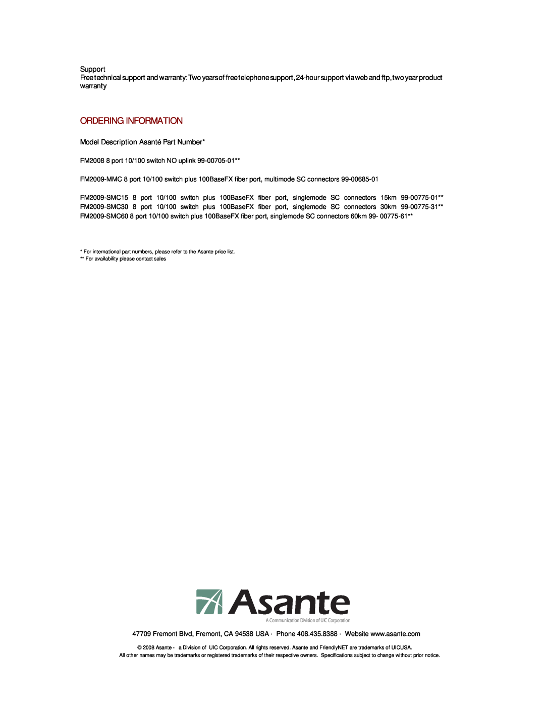 Asante Technologies FM2008/9 manual Ordering Information, Support, Model Description Asanté Part Number 
