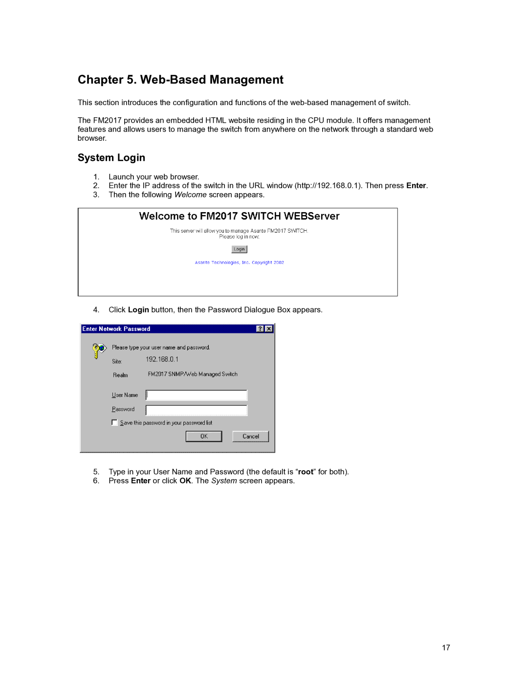 Asante Technologies FM2017 user manual Web-Based Management, System Login 