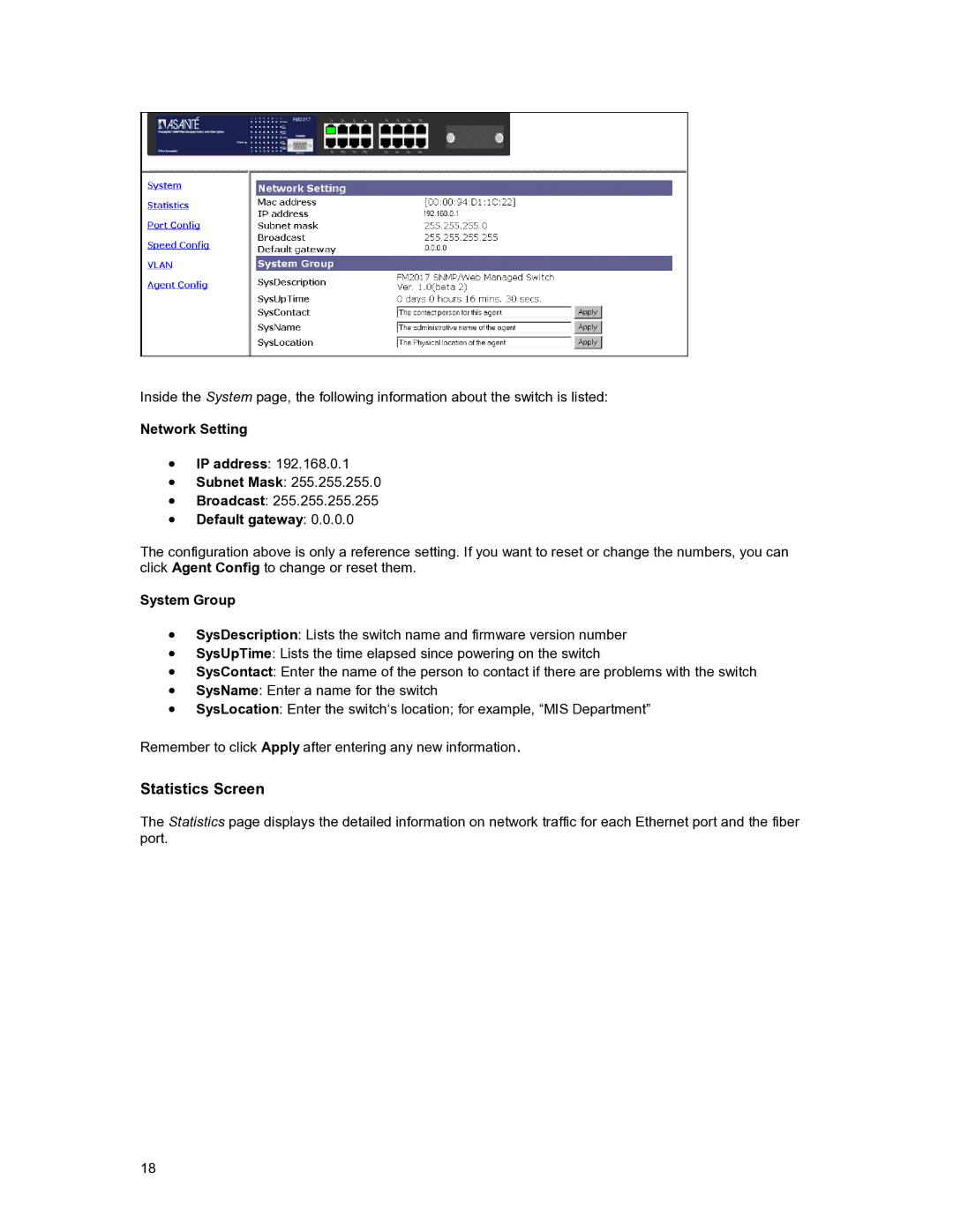 Asante Technologies FM2017 user manual Statistics Screen, Network Setting, Default gateway, System Group 