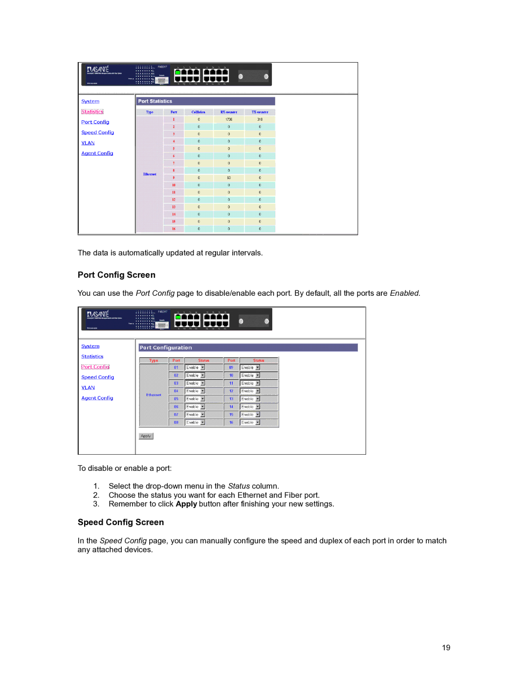 Asante Technologies FM2017 user manual Port Config Screen, Speed Config Screen 