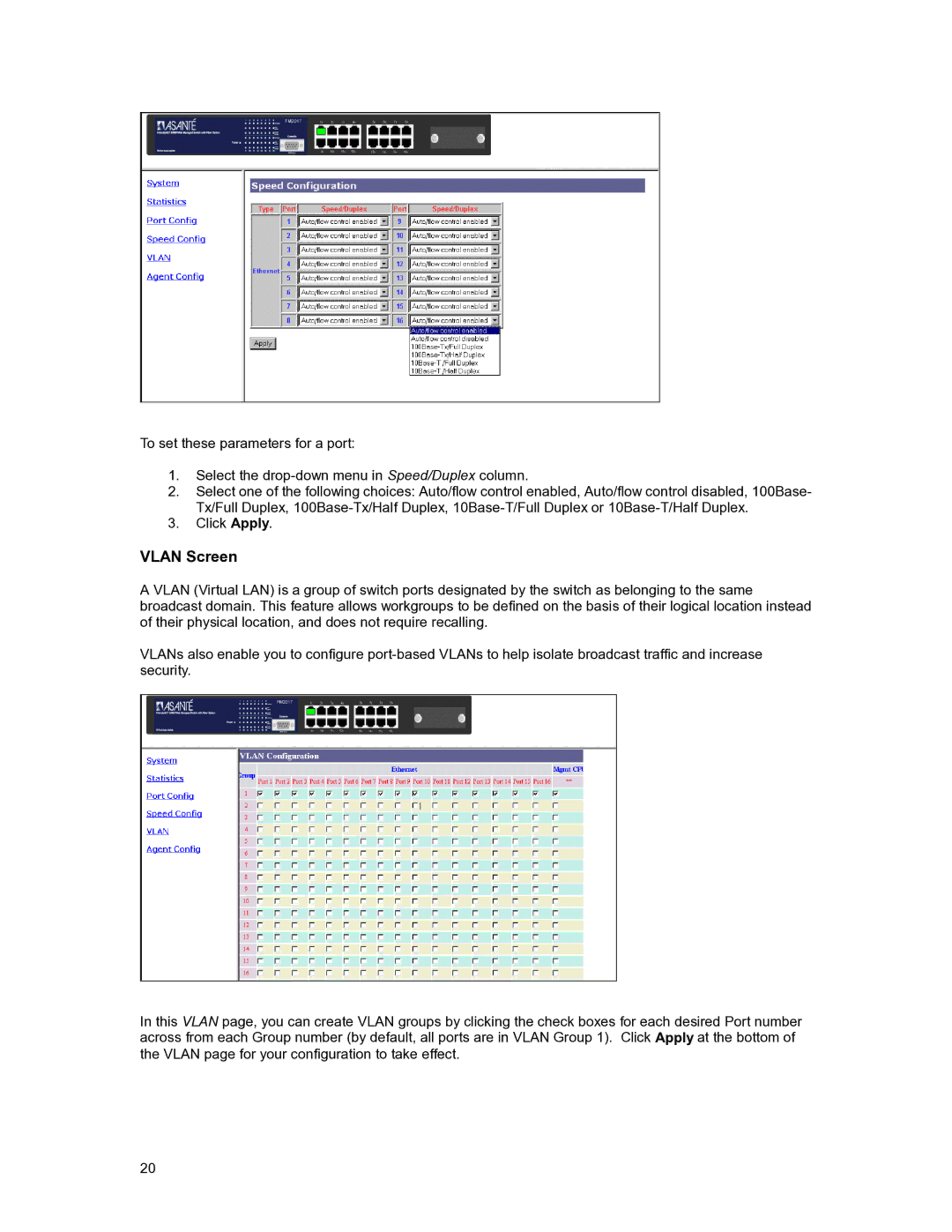 Asante Technologies FM2017 user manual Vlan Screen 