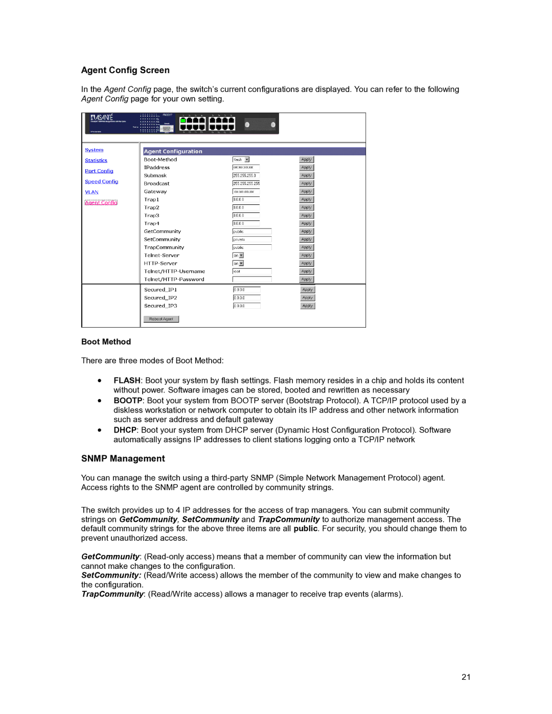 Asante Technologies FM2017 user manual Agent Config Screen, Snmp Management, Boot Method 