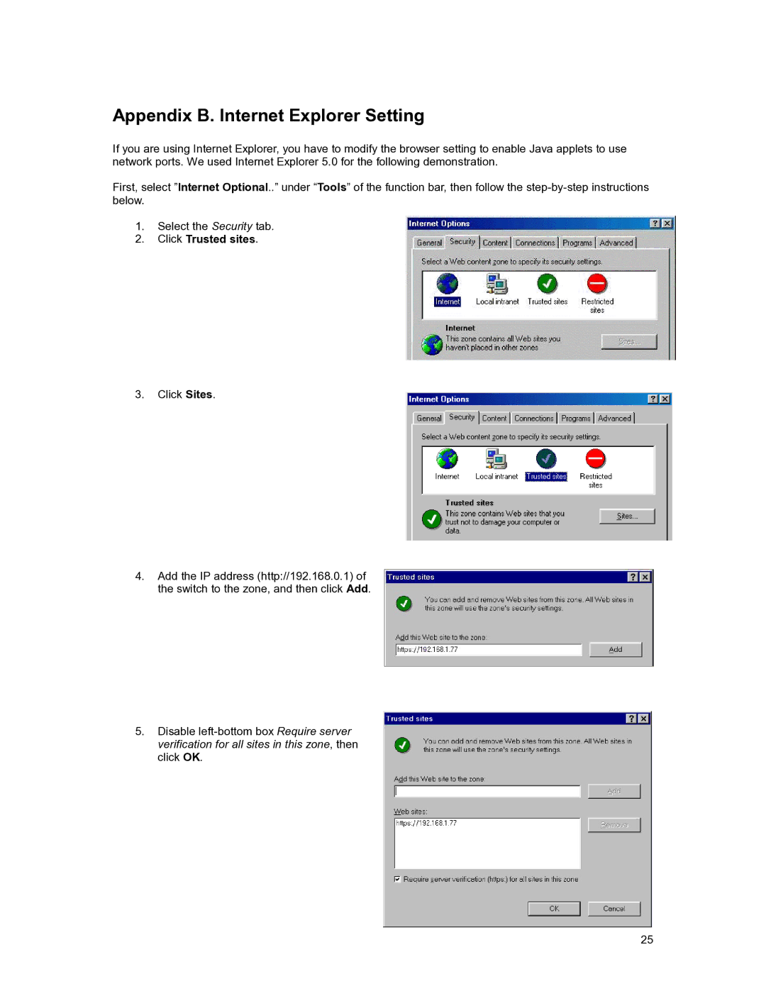 Asante Technologies FM2017 user manual Appendix B. Internet Explorer Setting, Click Trusted sites 