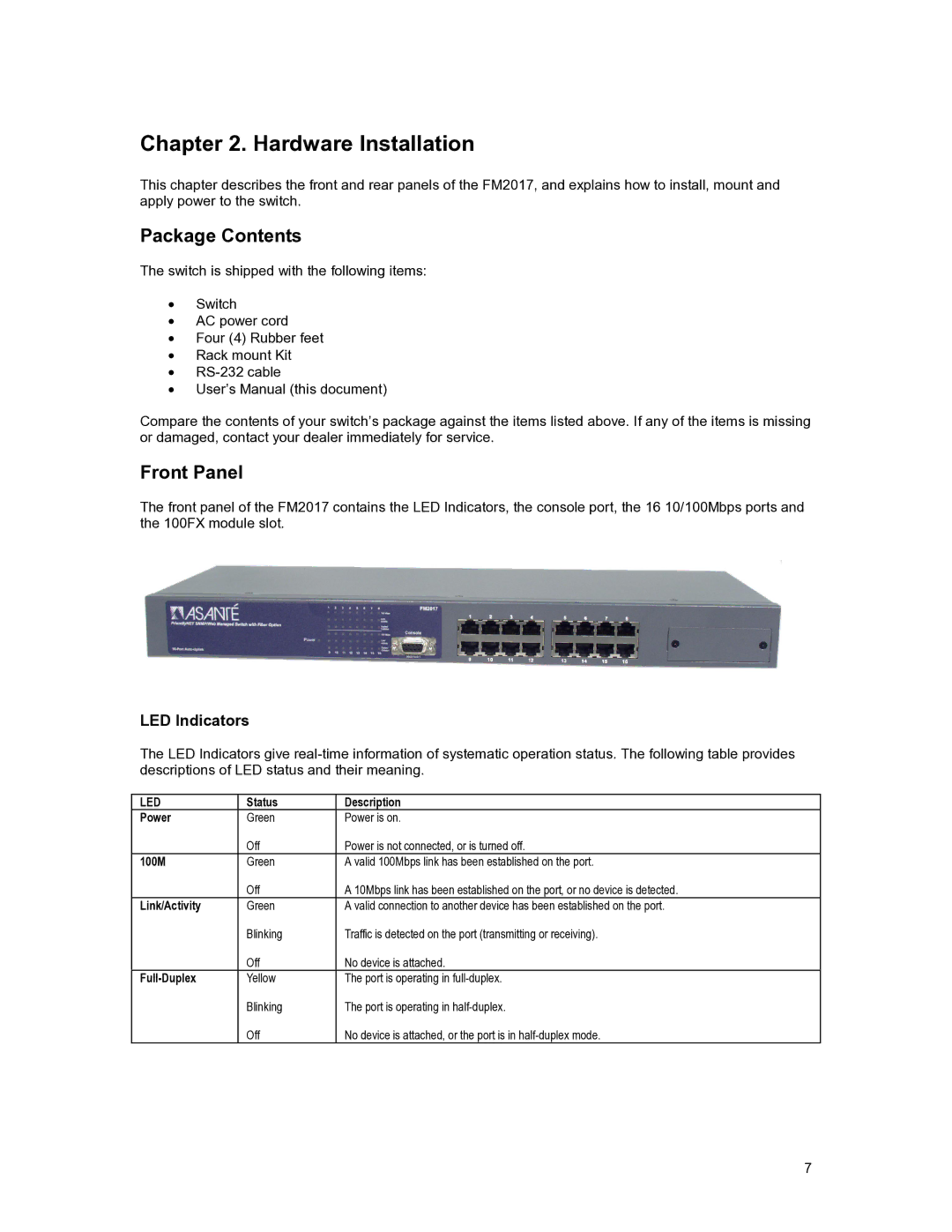 Asante Technologies FM2017 user manual Hardware Installation, Package Contents, Front Panel 