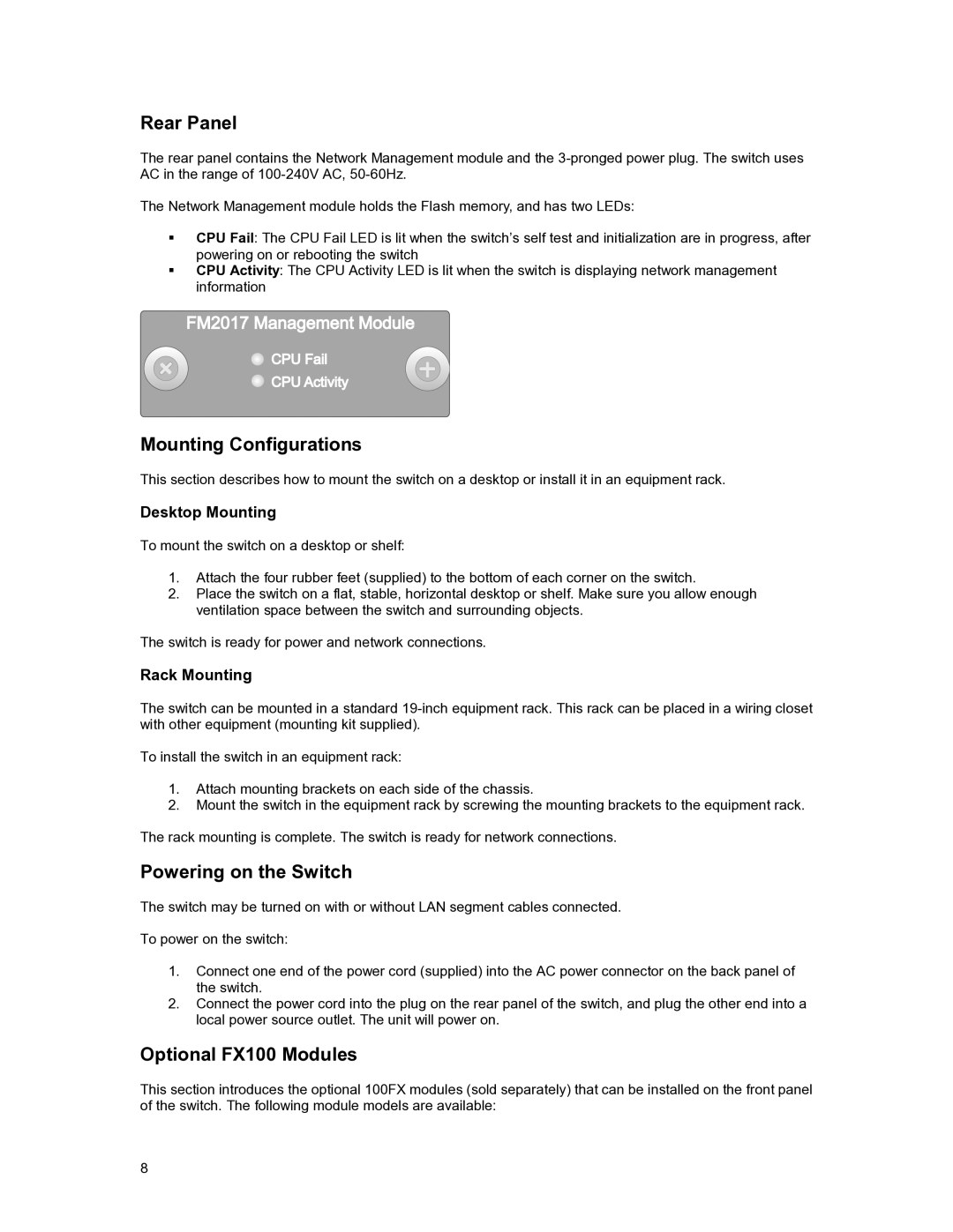 Asante Technologies FM2017 user manual Rear Panel, Mounting Configurations, Powering on the Switch, Optional FX100 Modules 