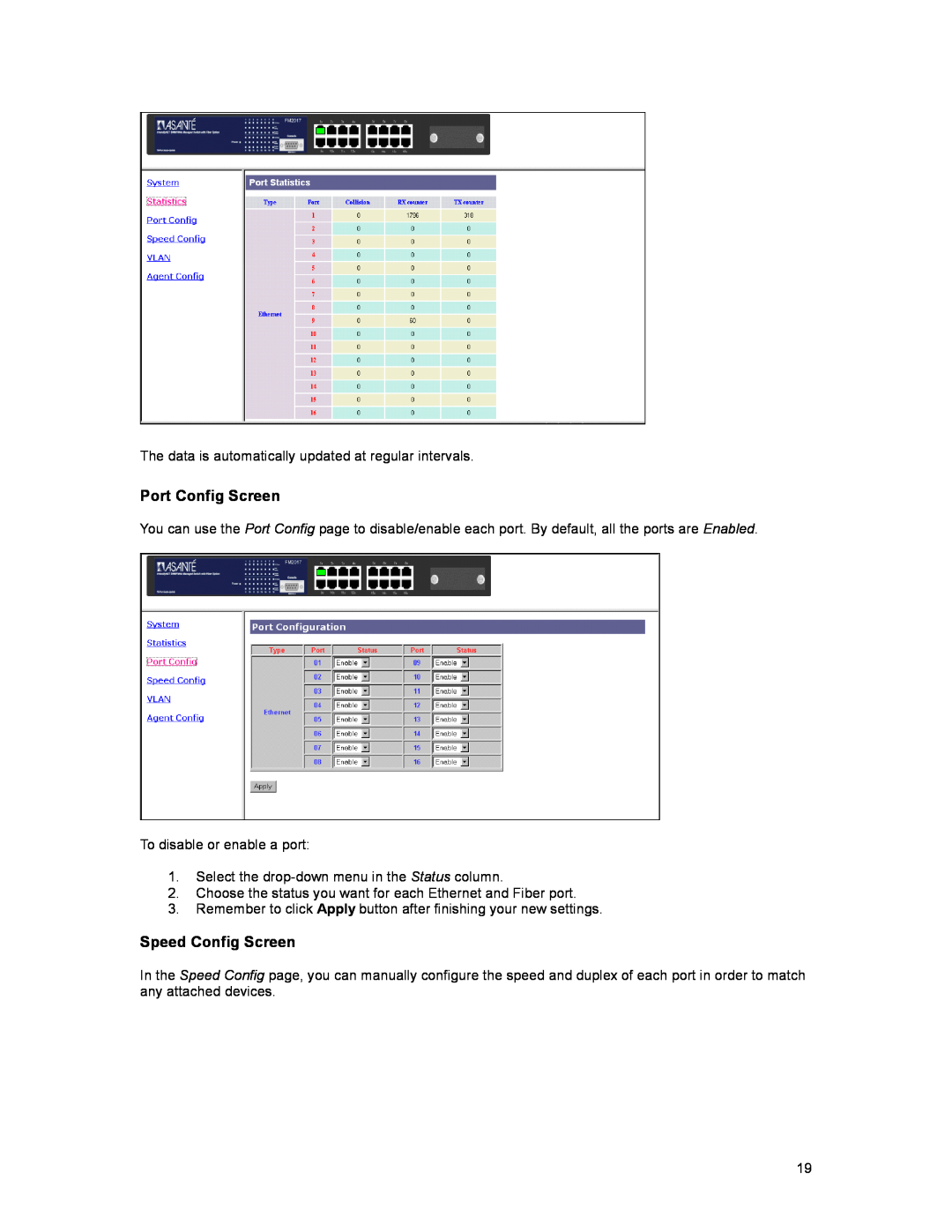 Asante Technologies FM2017 user manual Port Config Screen, Speed Config Screen 