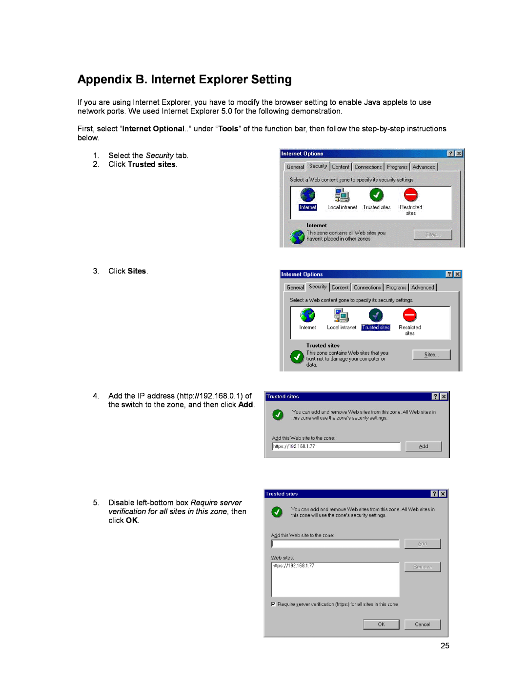 Asante Technologies FM2017 user manual Appendix B. Internet Explorer Setting, Click Trusted sites 
