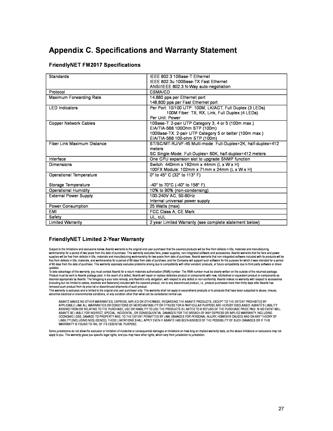 Asante Technologies user manual Appendix C. Specifications and Warranty Statement, FriendlyNET FM2017 Specifications 