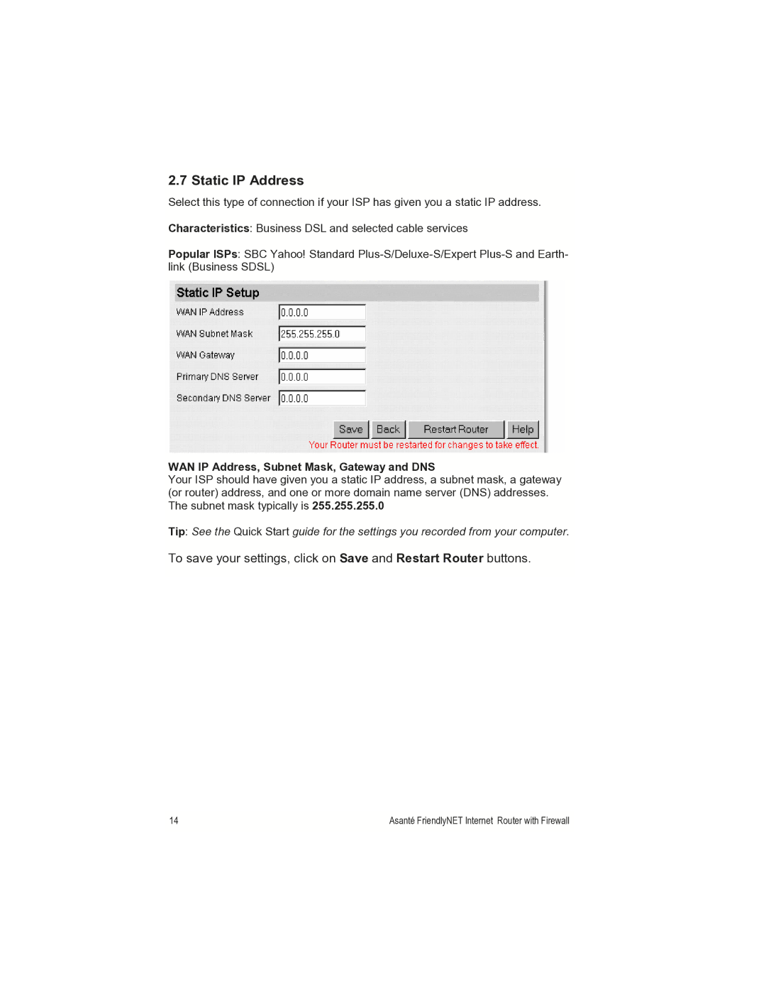 Asante Technologies FR1000 manual Static IP Address 