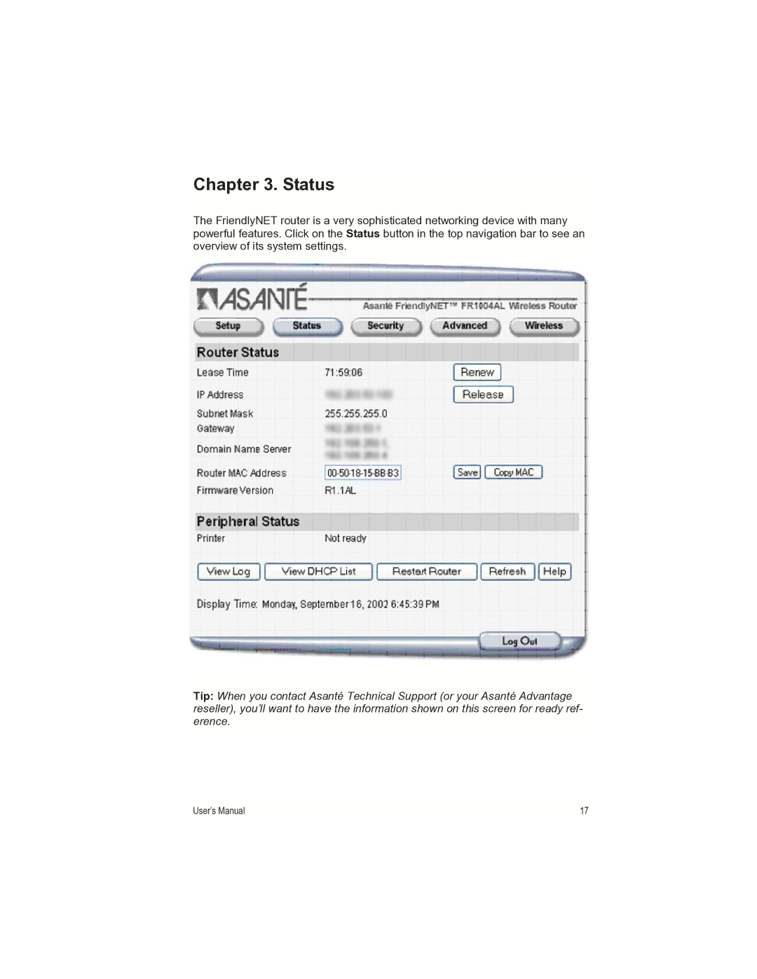 Asante Technologies FR1000 manual Status 