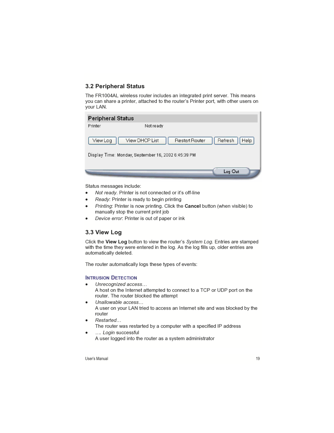 Asante Technologies FR1000 manual Peripheral Status, View Log 