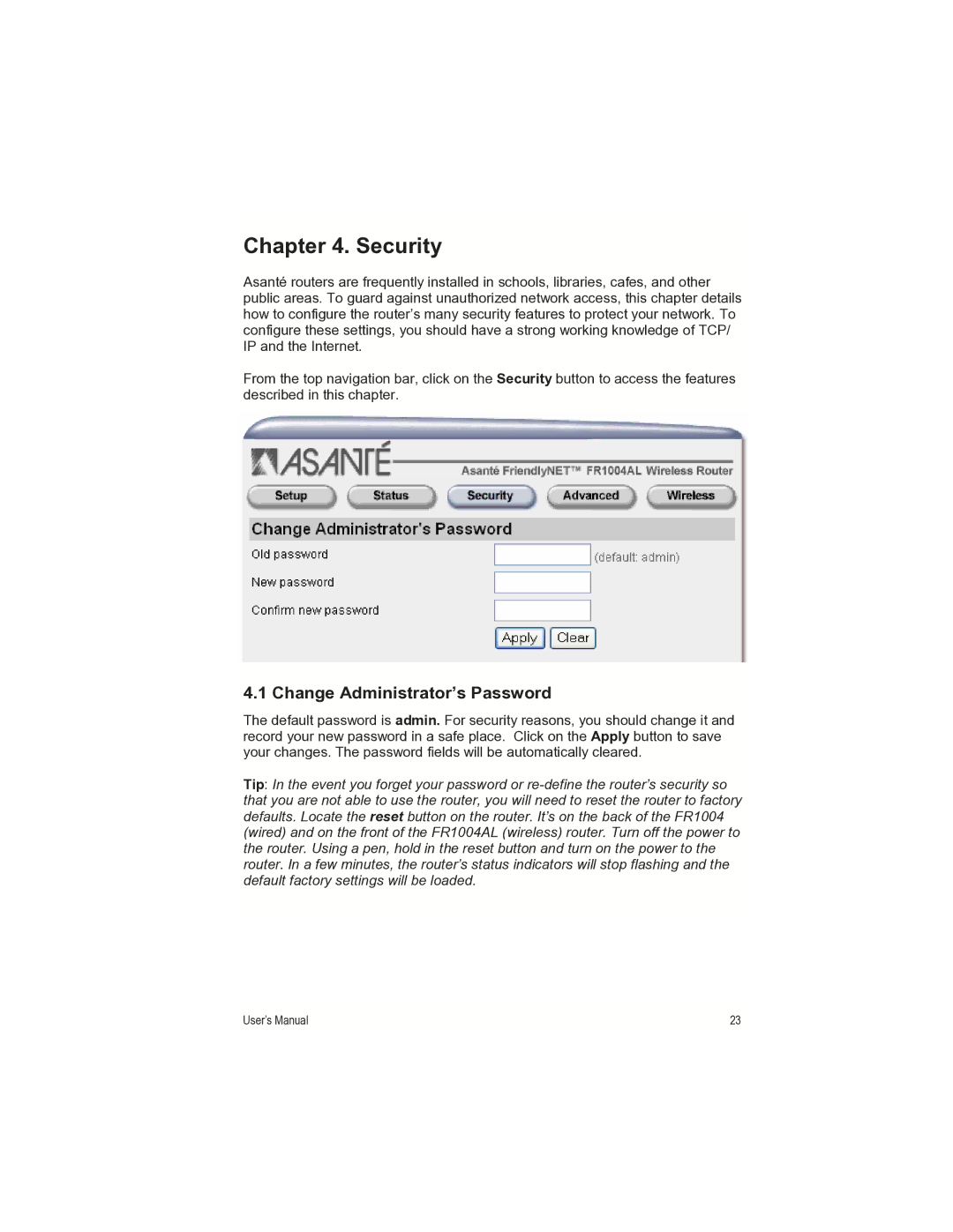 Asante Technologies FR1000 manual Security, Change Administrator’s Password 