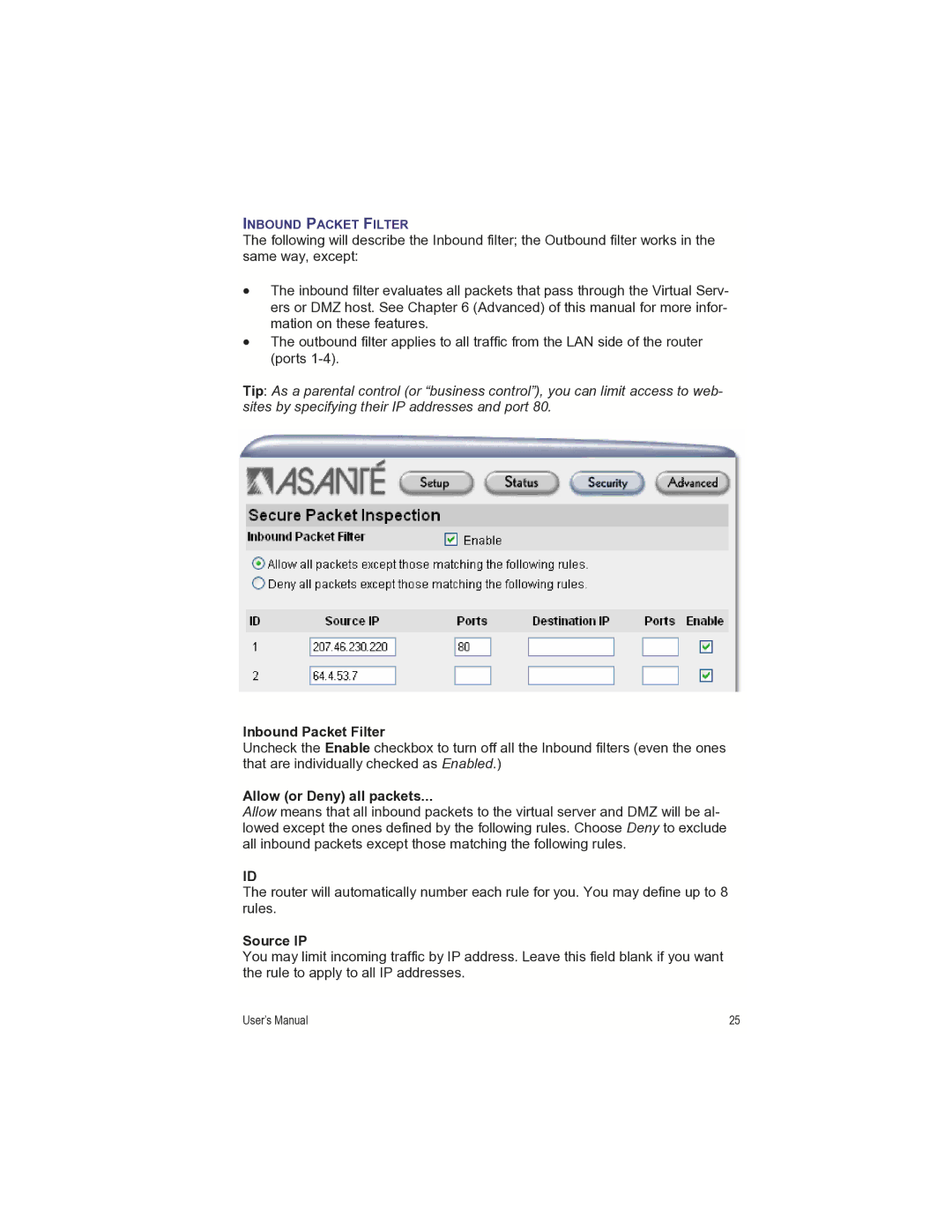 Asante Technologies FR1000 manual Inbound Packet Filter, Allow or Deny all packets, Source IP 