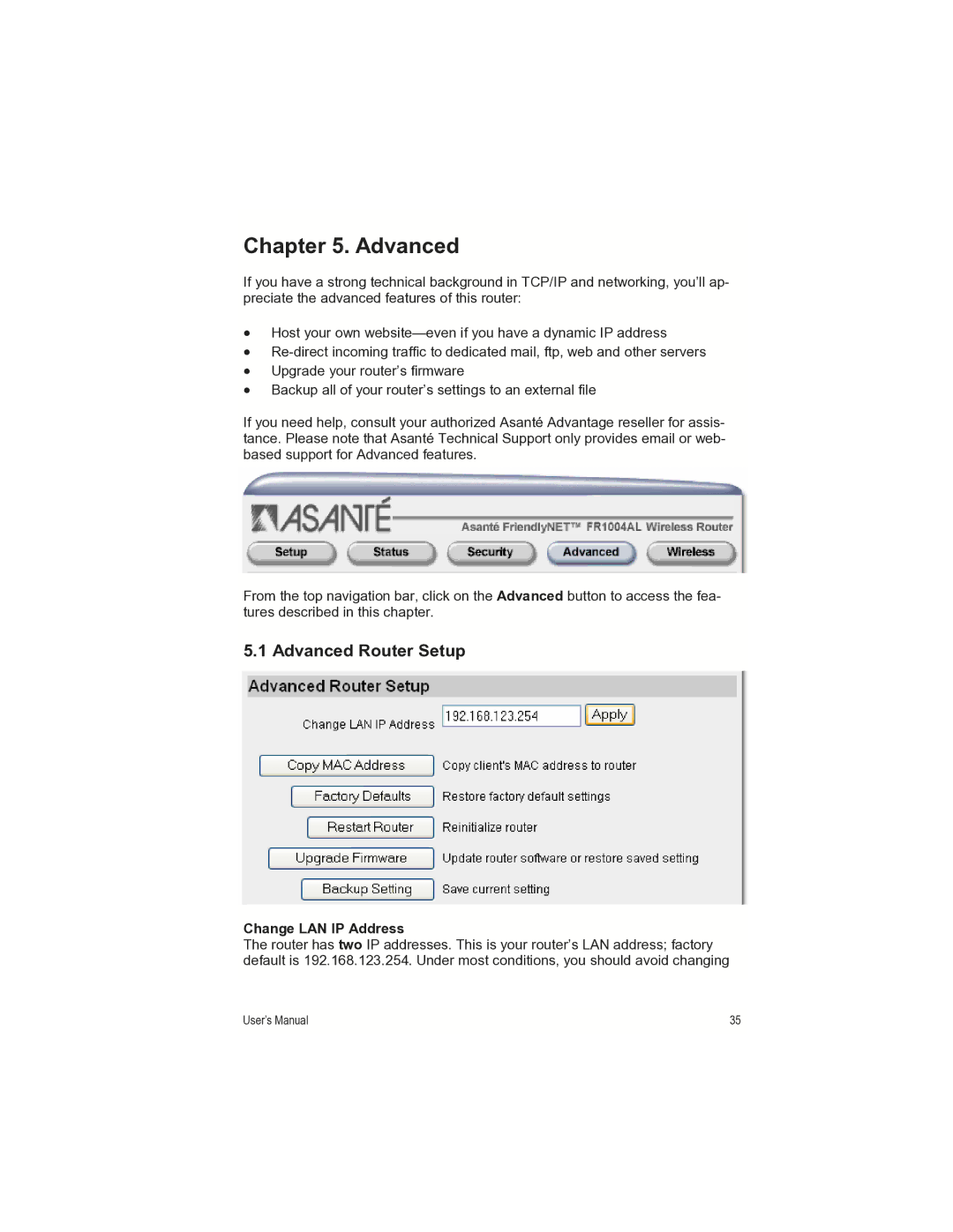 Asante Technologies FR1000 manual Advanced Router Setup, Change LAN IP Address 