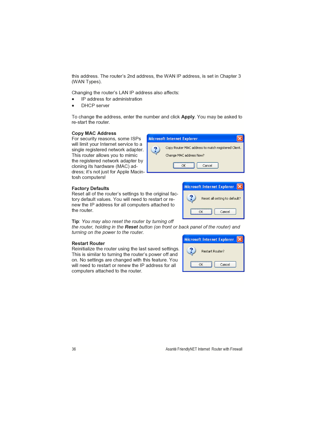 Asante Technologies FR1000 manual Copy MAC Address, Factory Defaults 