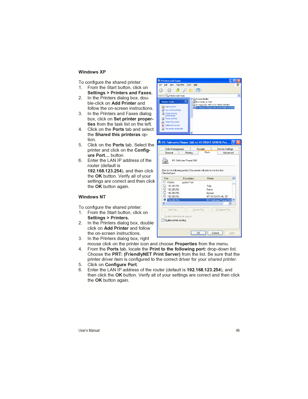 Asante Technologies FR1000 manual Windows XP, Settings Printers and Faxes, Windows NT, Click on Configure Port 