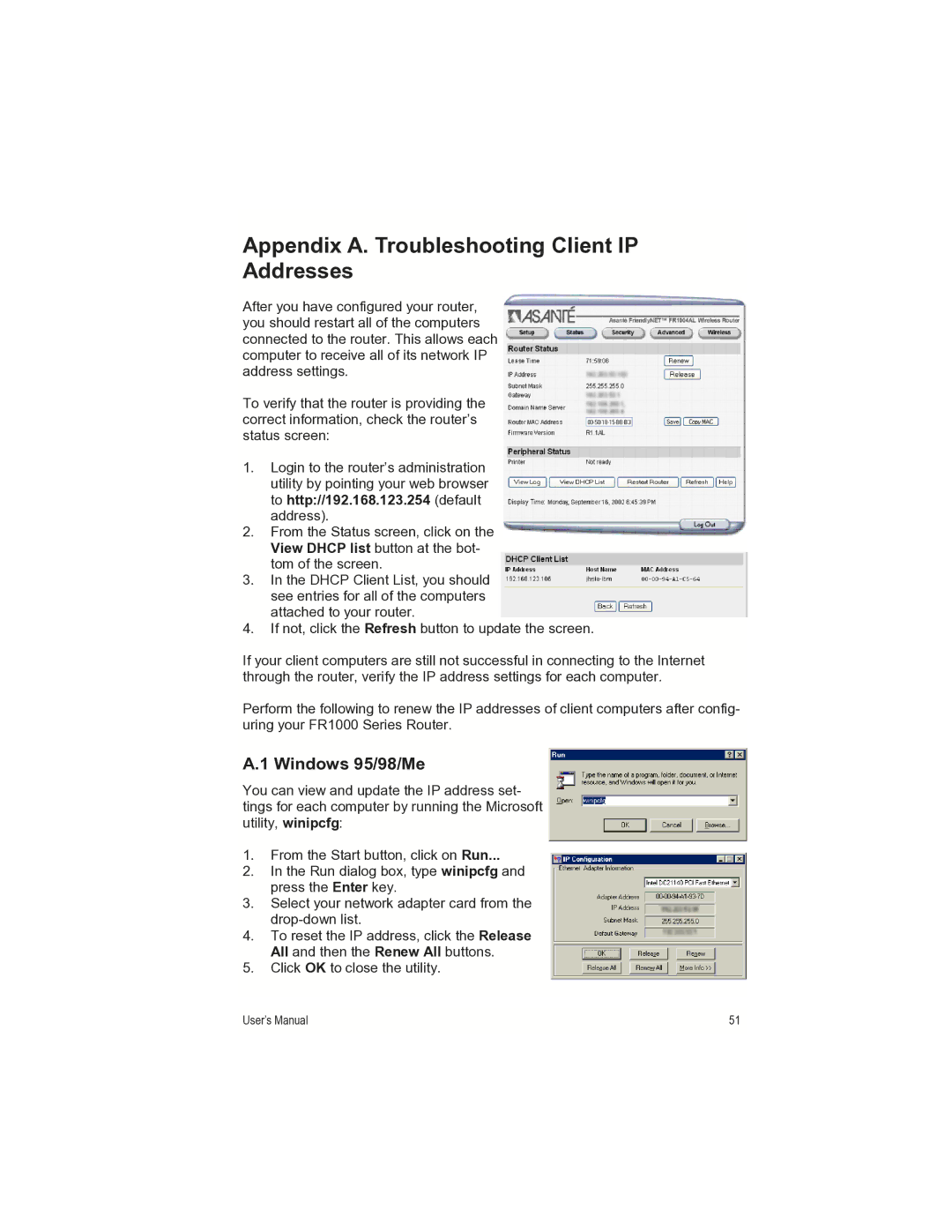 Asante Technologies FR1000 manual Appendix A. Troubleshooting Client IP Addresses, Windows 95/98/Me 