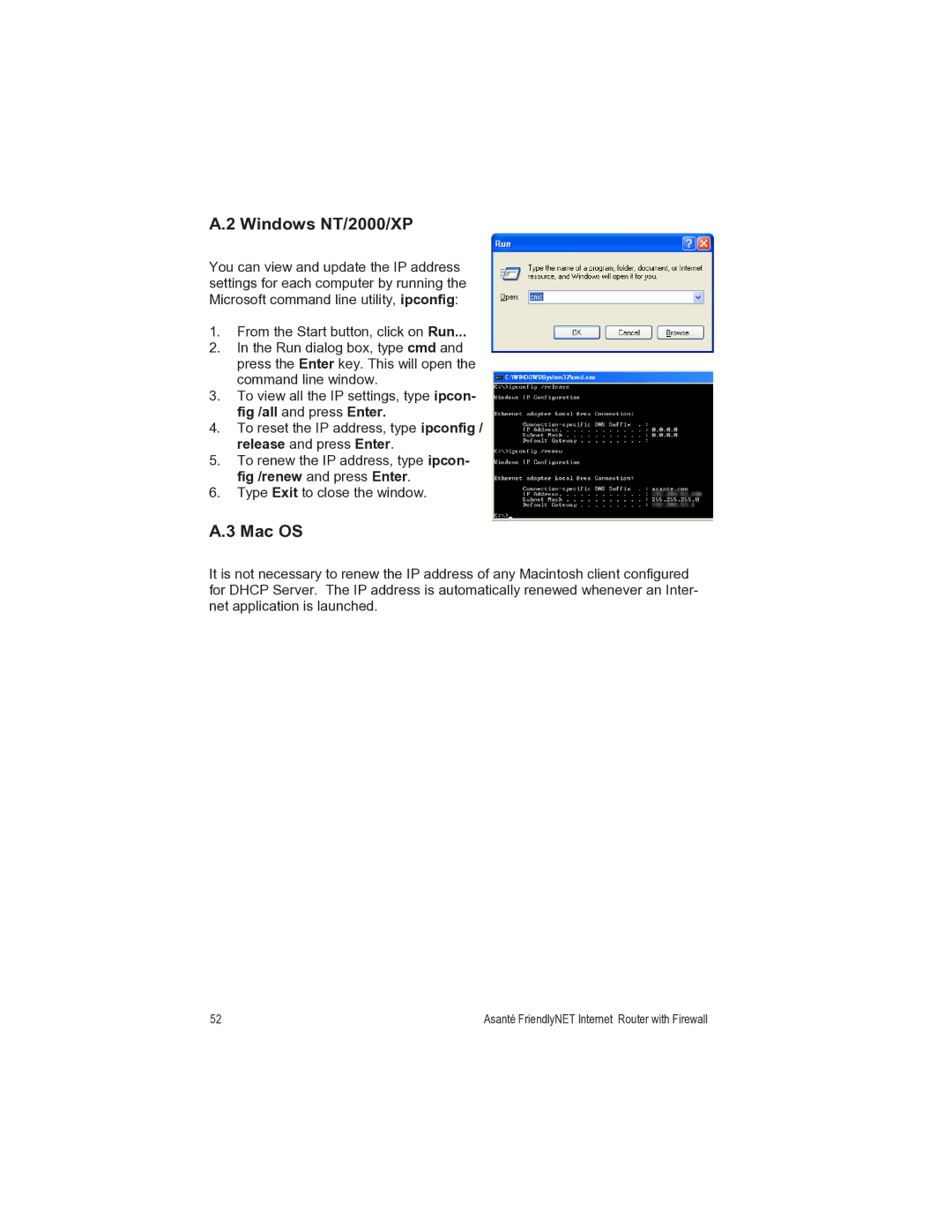 Asante Technologies FR1000 manual Windows NT/2000/XP, Mac OS 