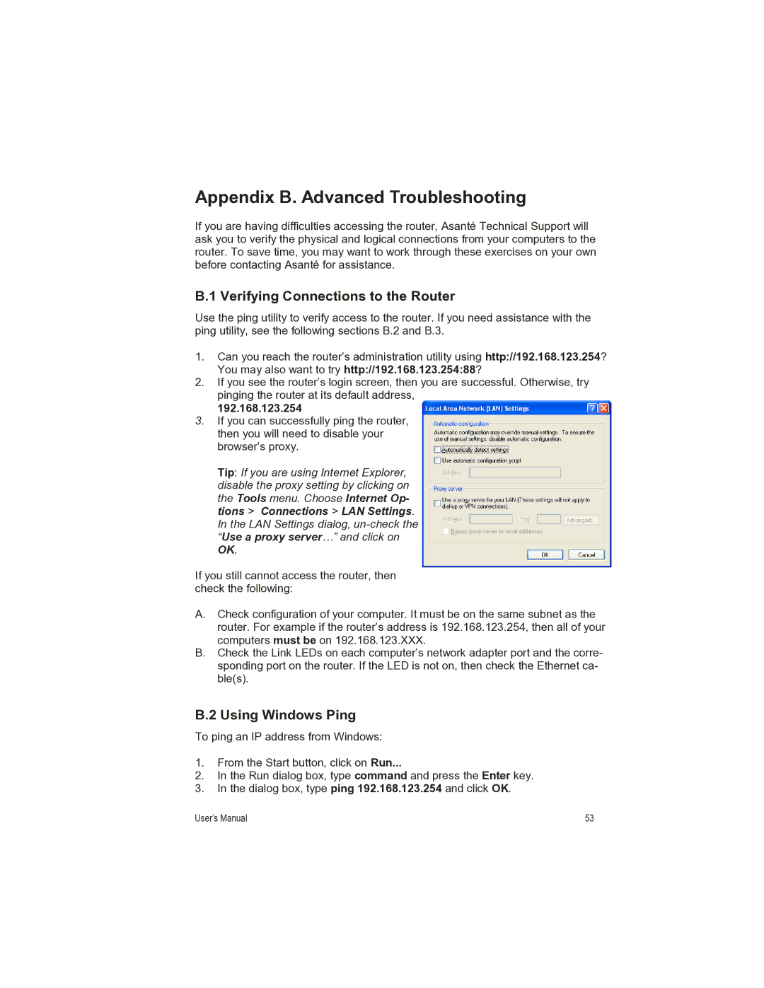 Asante Technologies FR1000 Appendix B. Advanced Troubleshooting, Verifying Connections to the Router, Using Windows Ping 