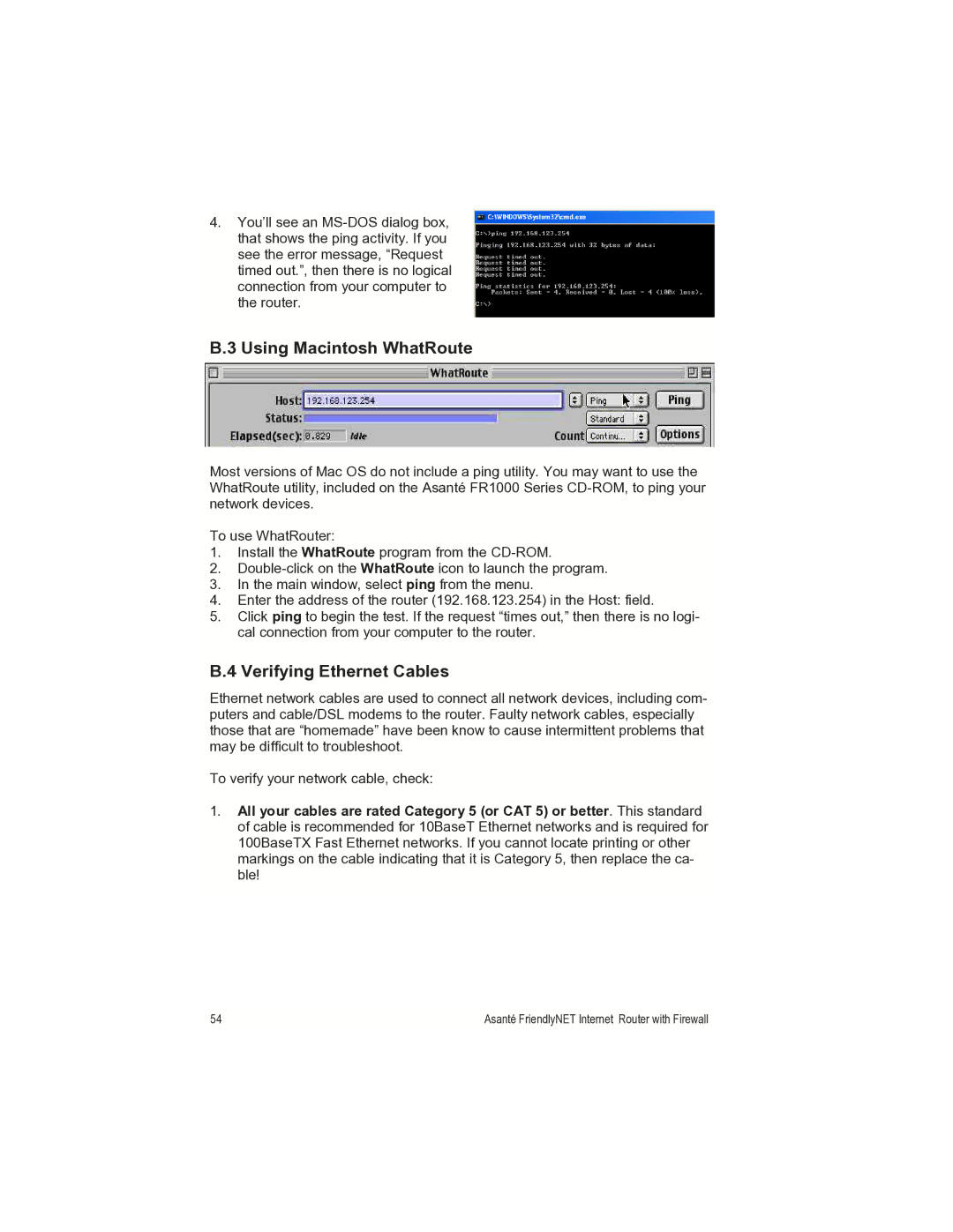 Asante Technologies FR1000 manual Using Macintosh WhatRoute, Verifying Ethernet Cables 