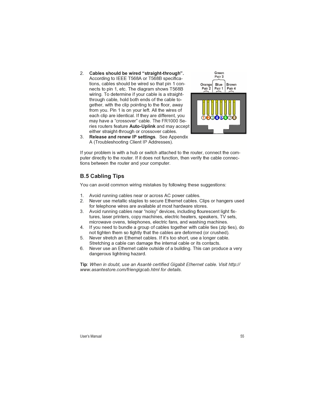 Asante Technologies FR1000 manual Cabling Tips 