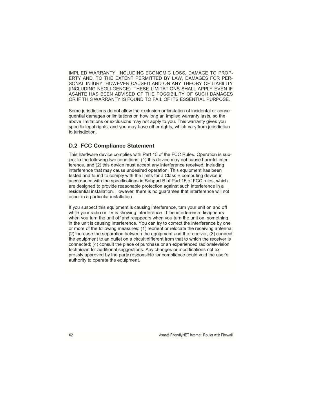 Asante Technologies FR1000 manual FCC Compliance Statement 