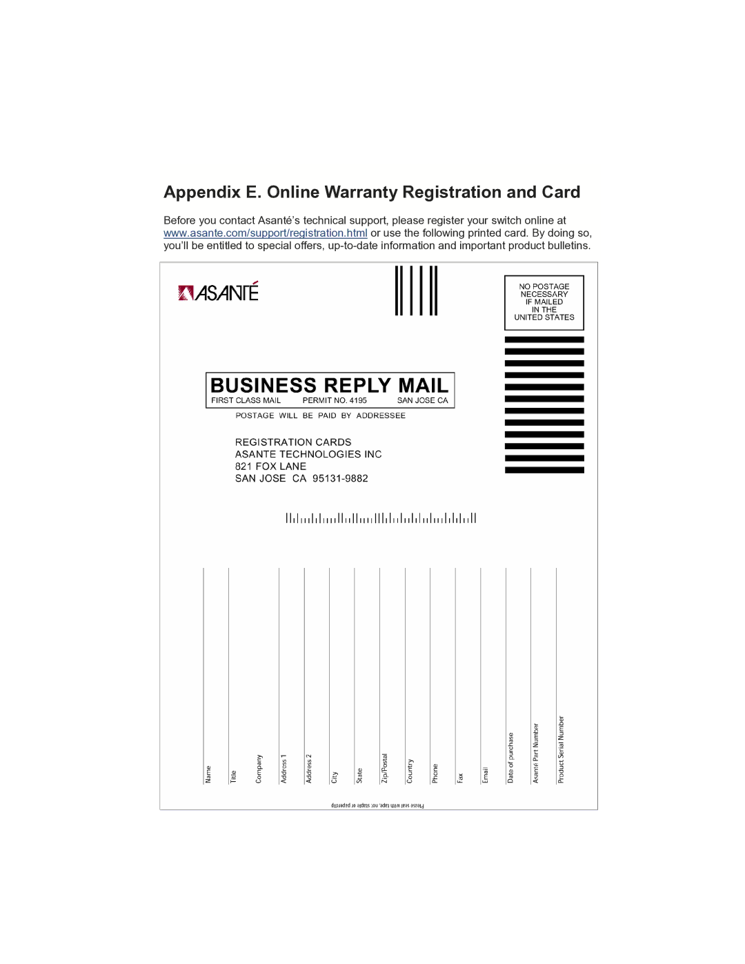 Asante Technologies FR1000 manual Appendix E. Online Warranty Registration and Card 