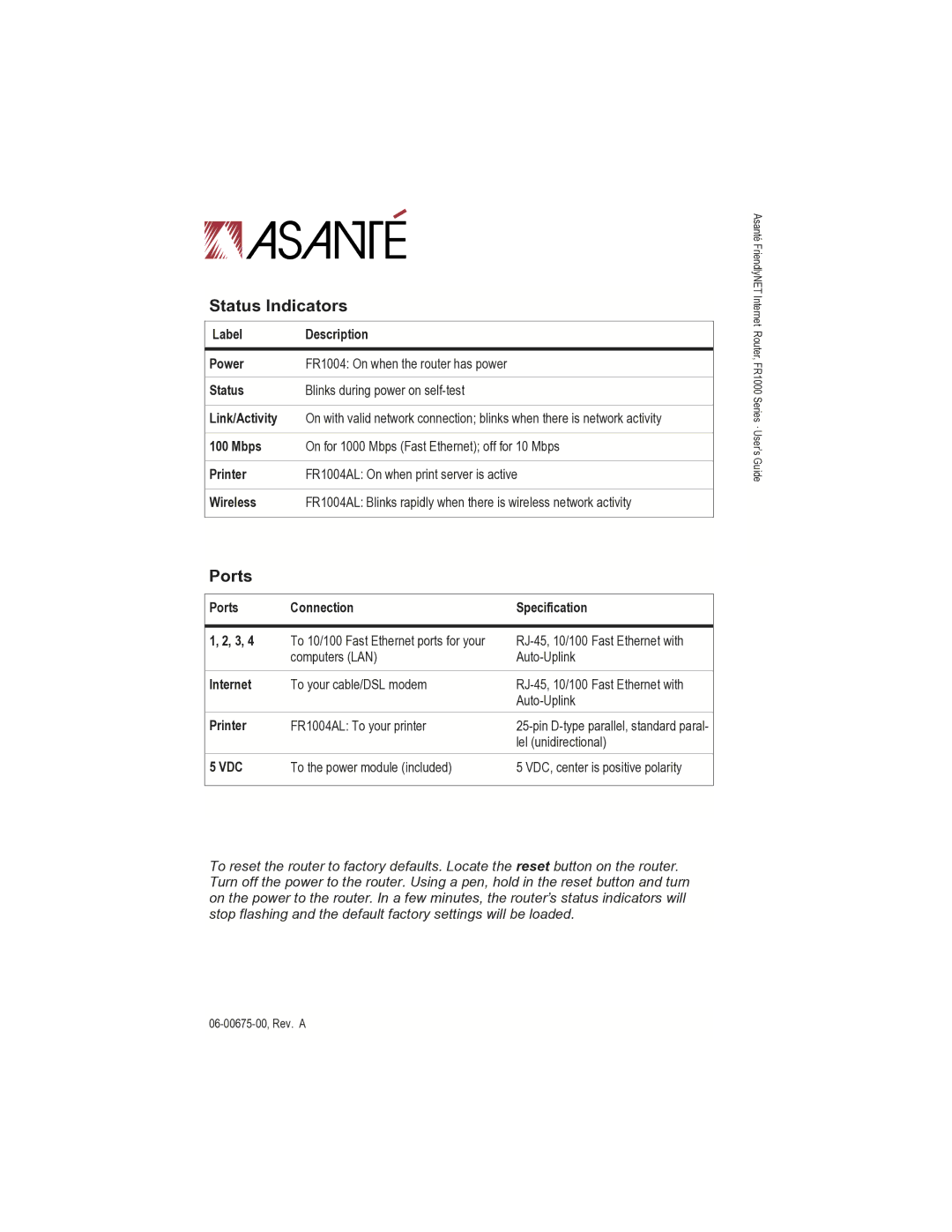 Asante Technologies FR1000 manual Status Indicators, Ports Connection Specification, Internet 