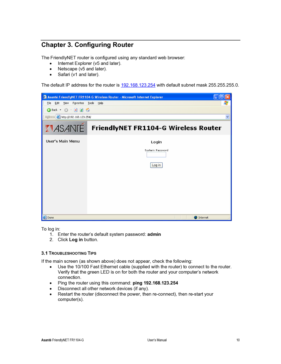 Asante Technologies FR1104-G user manual Configuring Router 