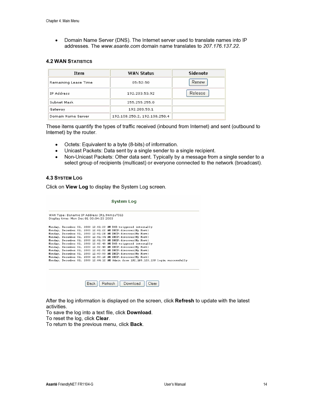 Asante Technologies FR1104-G user manual WAN Statistics 