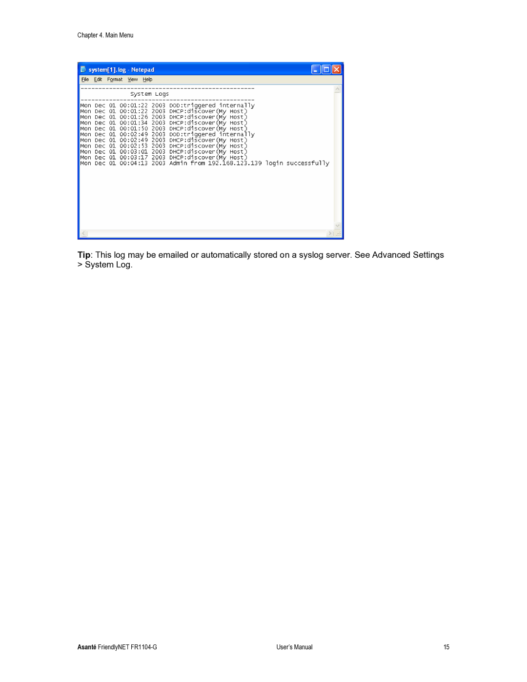 Asante Technologies FR1104-G user manual Main Menu 