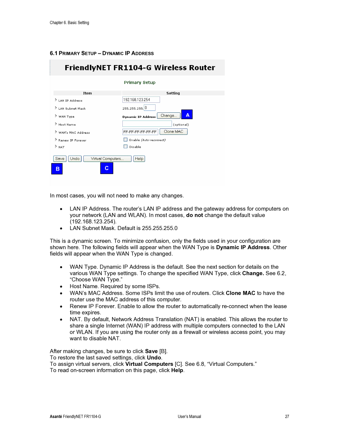 Asante Technologies FR1104-G user manual Primary Setup Dynamic IP Address 