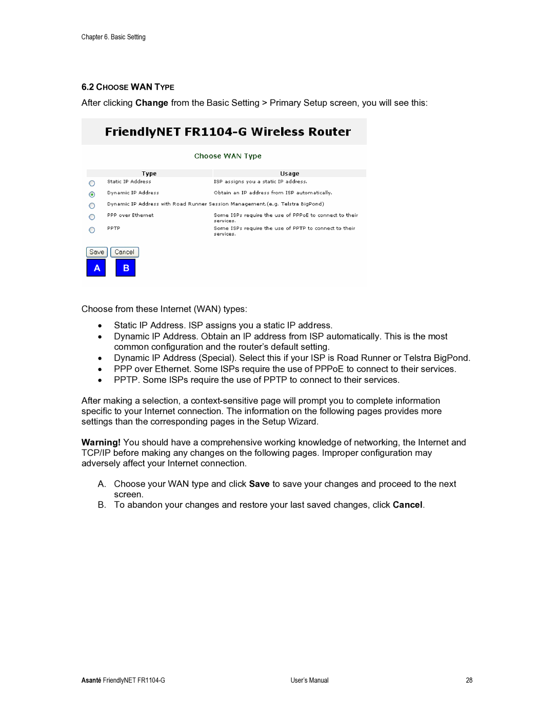 Asante Technologies FR1104-G user manual Choose WAN Type 