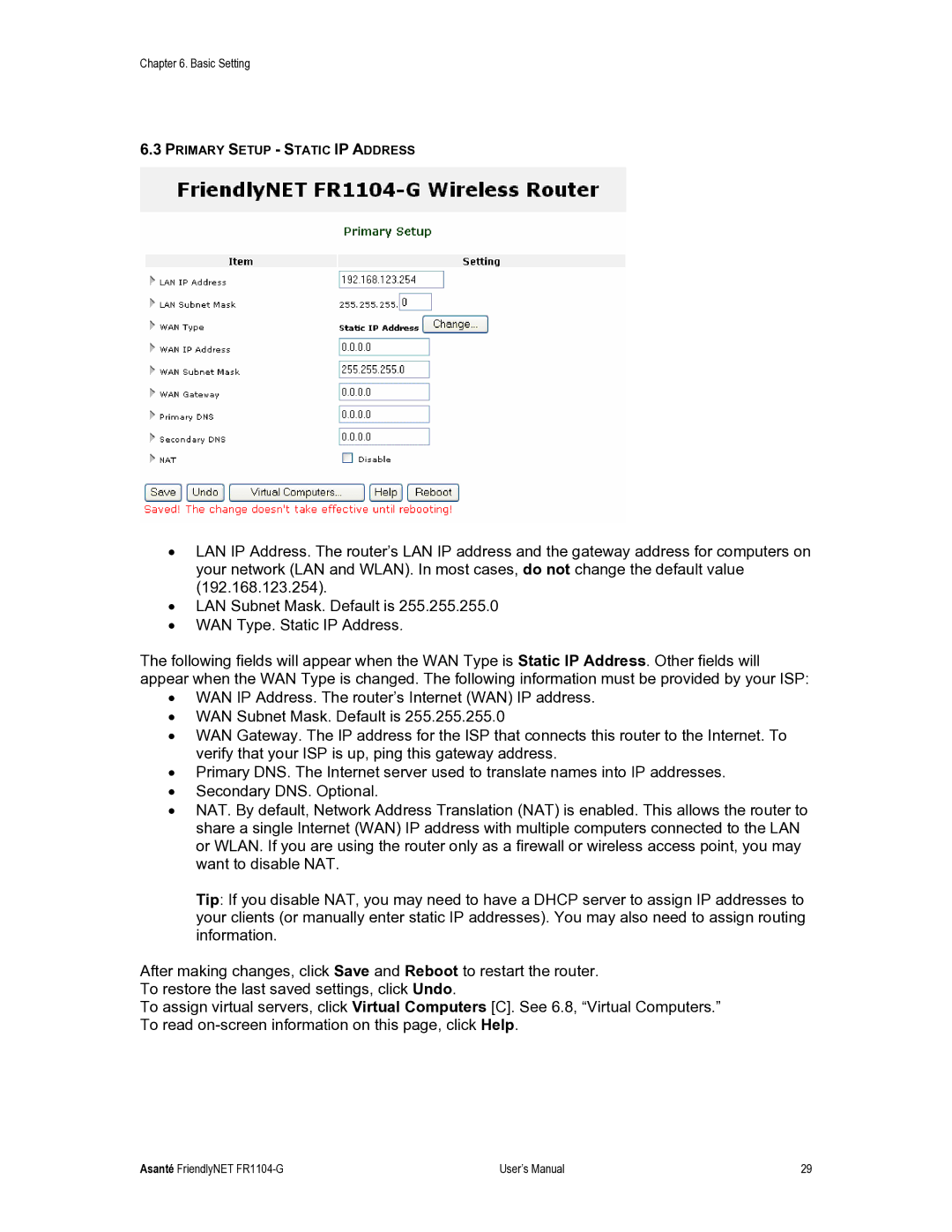 Asante Technologies FR1104-G user manual Primary Setup Static IP Address 