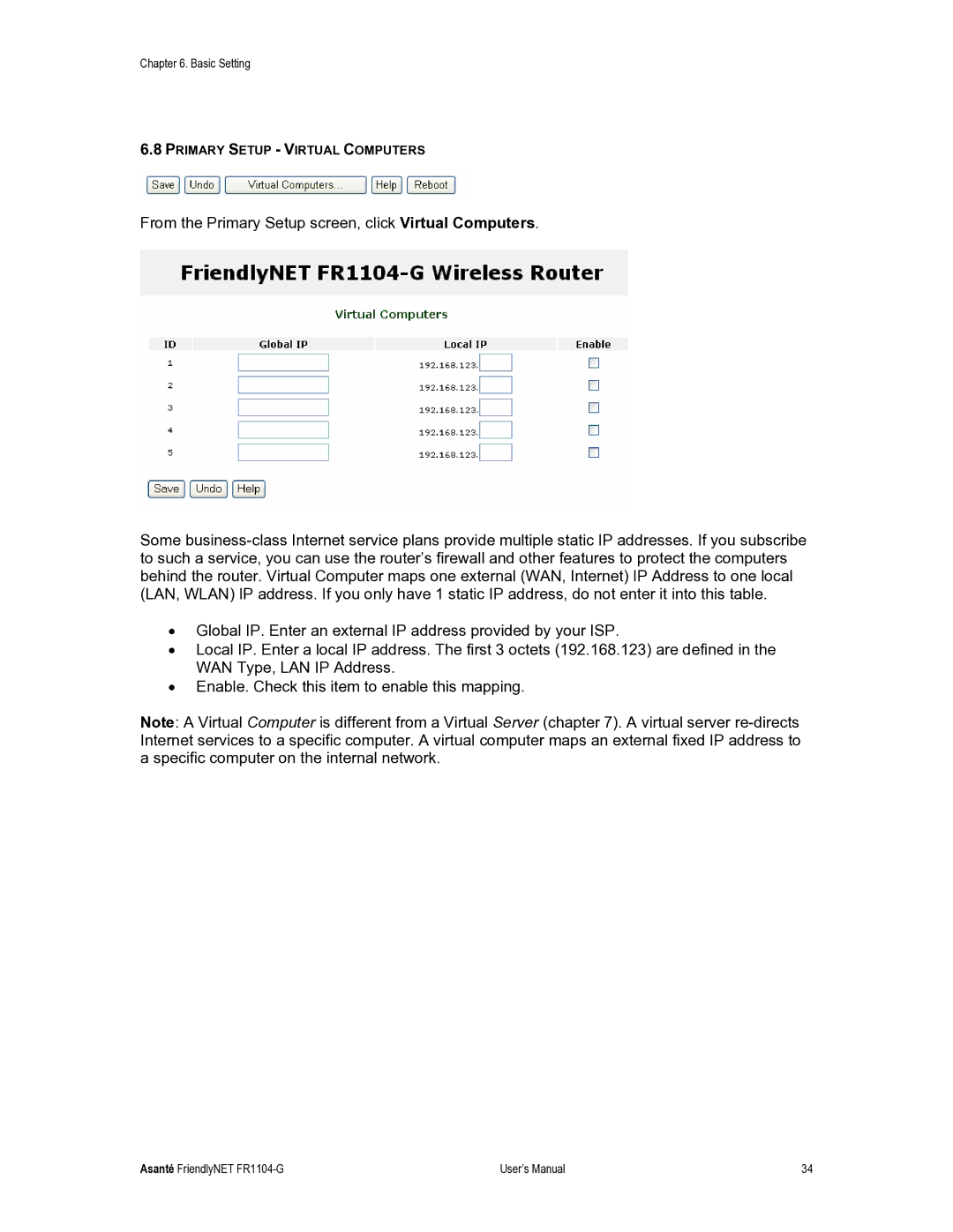 Asante Technologies FR1104-G user manual Primary Setup Virtual Computers 