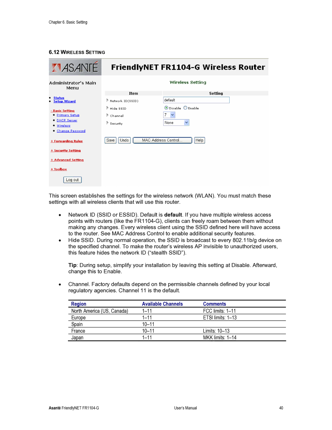 Asante Technologies FR1104-G user manual Region Available Channels Comments 