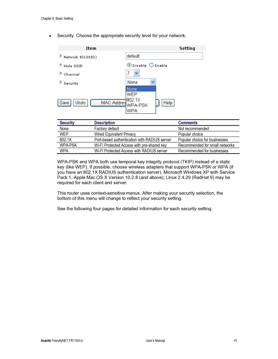 Asante Technologies FR1104-G user manual Security Description Comments, Wep 