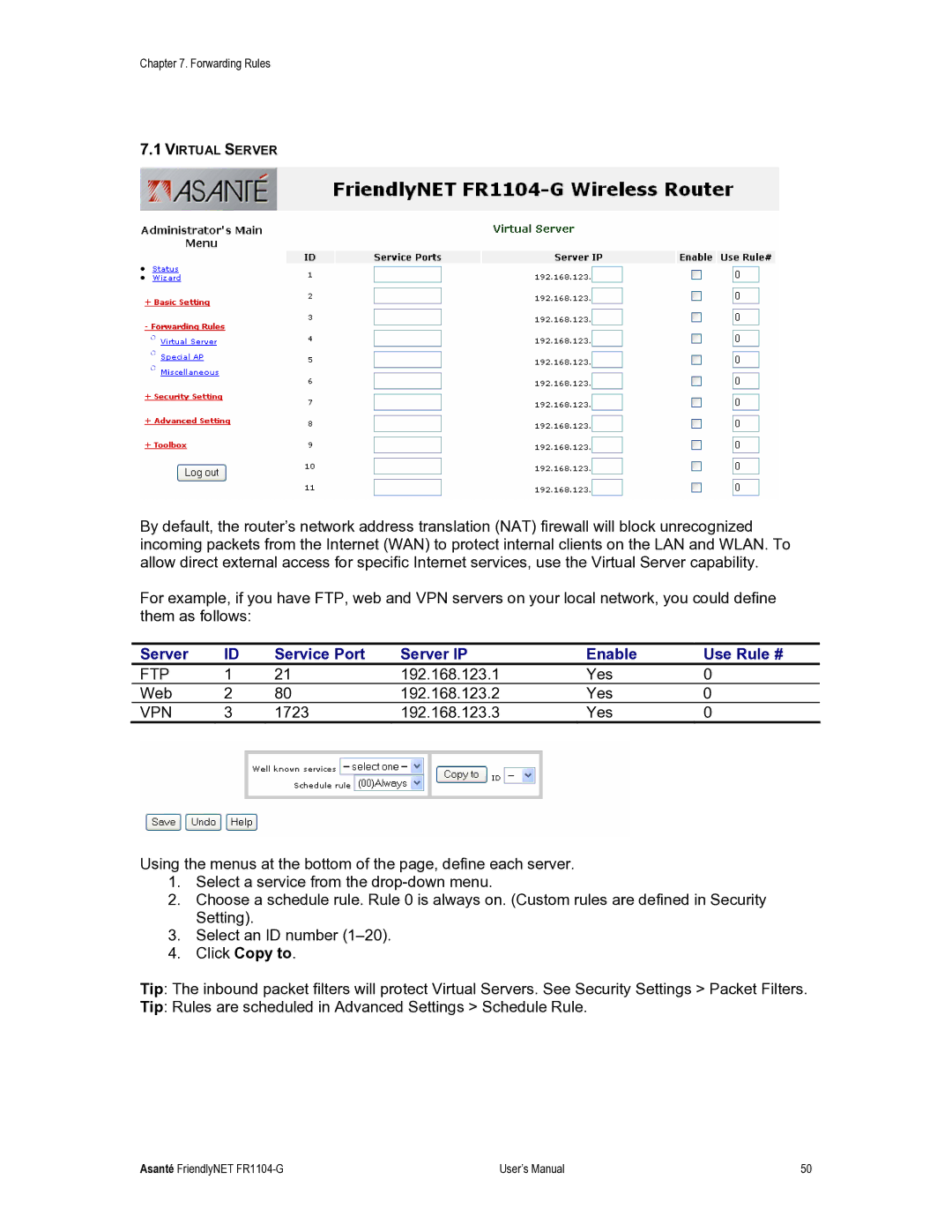 Asante Technologies FR1104-G user manual Server Service Port Server IP Enable Use Rule #, Vpn 