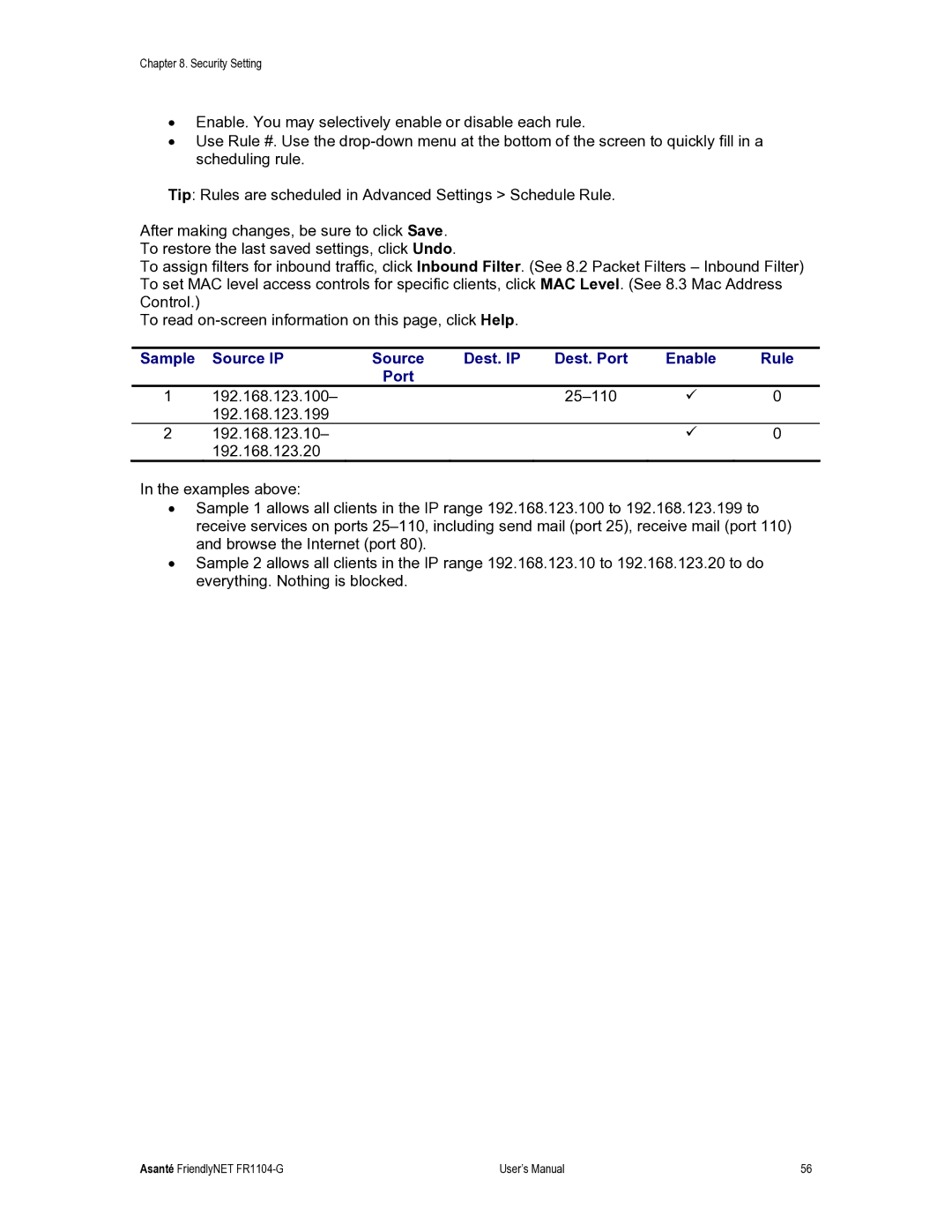 Asante Technologies FR1104-G user manual Sample Source IP Dest. IP Dest. Port Enable Rule 