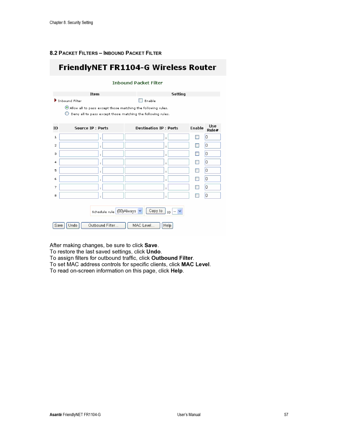 Asante Technologies FR1104-G user manual Packet Filters Inbound Packet Filter 