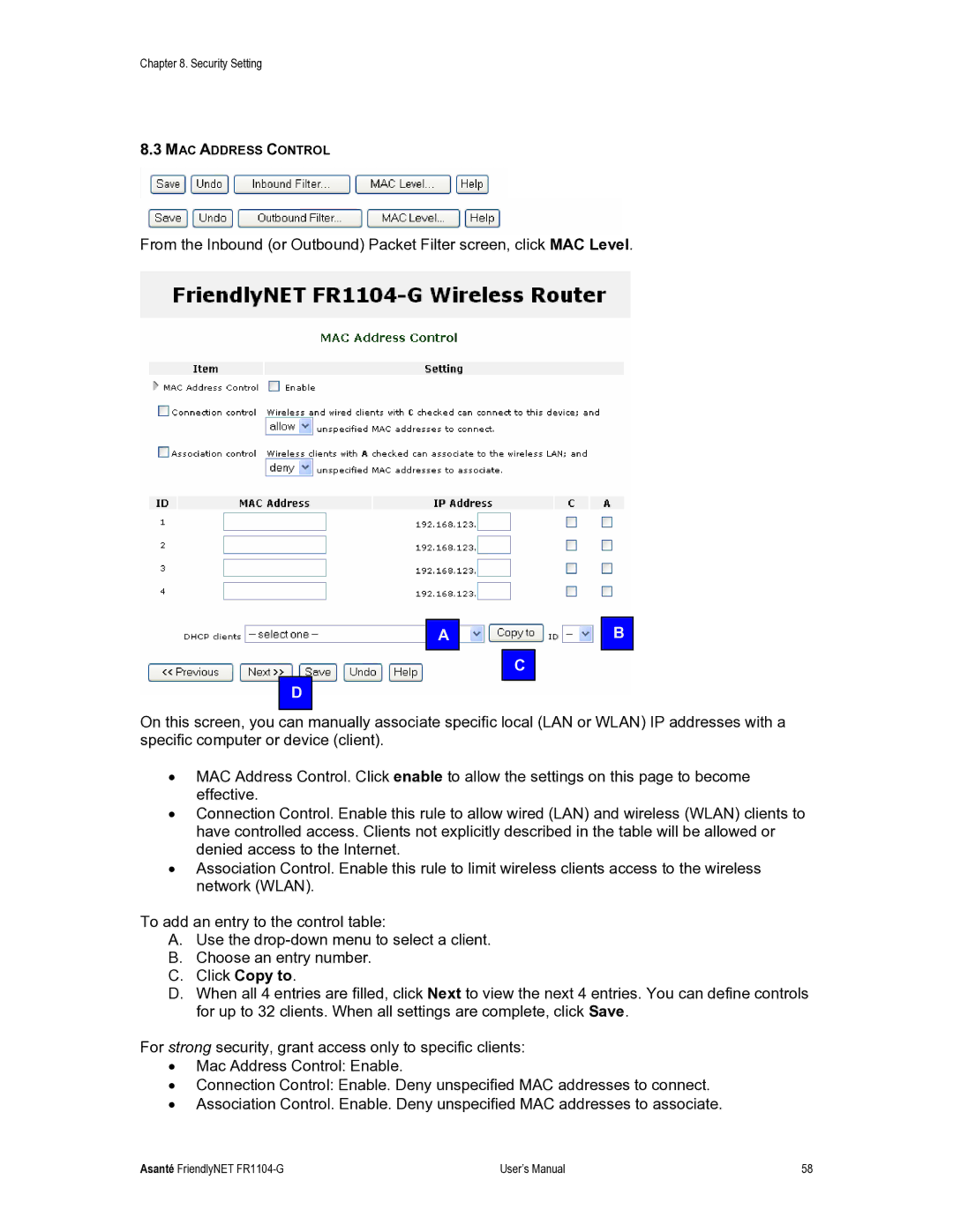 Asante Technologies FR1104-G user manual MAC Address Control 