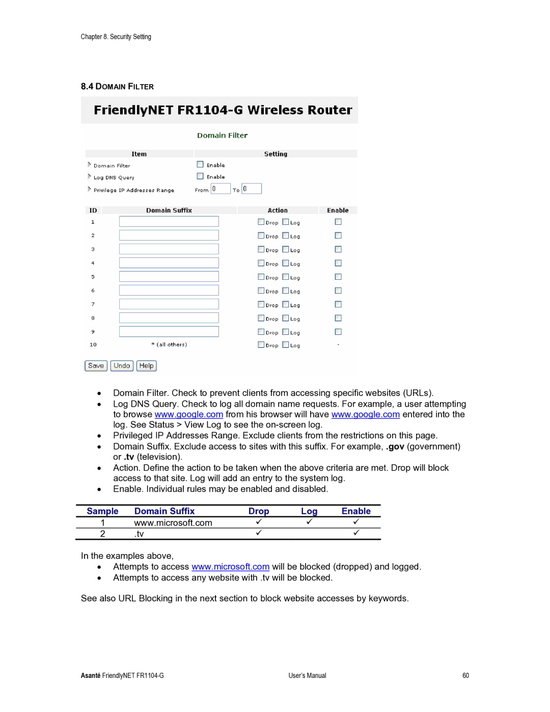 Asante Technologies FR1104-G user manual Sample Domain Suffix Drop Log Enable 